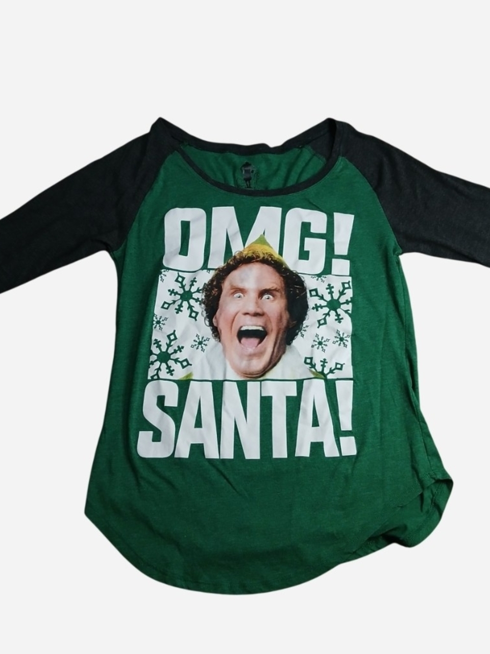 Elf Movie Shirt Juniors XL 15/17 Green Raglan OMG Santa Graphic Tee Long Sleeve